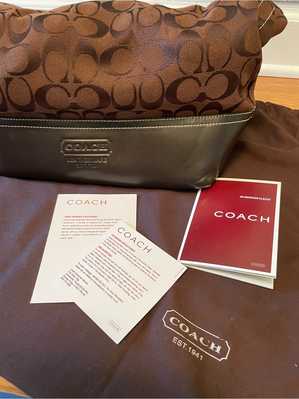 Coach Brown Signature Canvas & Dark Brown Leather Handbag
